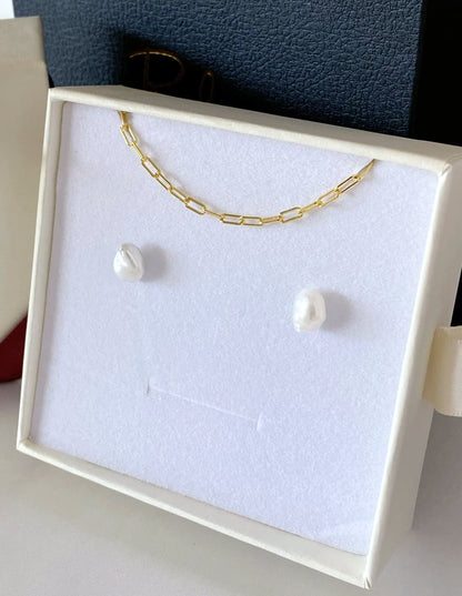 [Xmas SET] C：Holiday Gift – ちょこんとバロックパールピアス＋オーバルチェーンネックレス SV925（2SET）