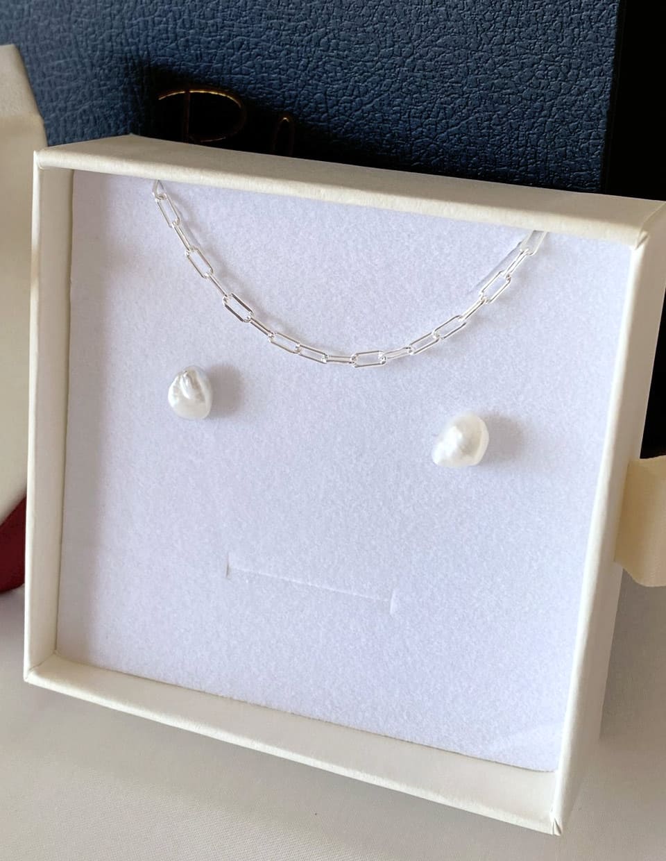 [Xmas SET] C：Holiday Gift – ちょこんとバロックパールピアス＋オーバルチェーンネックレス SV925（2SET）