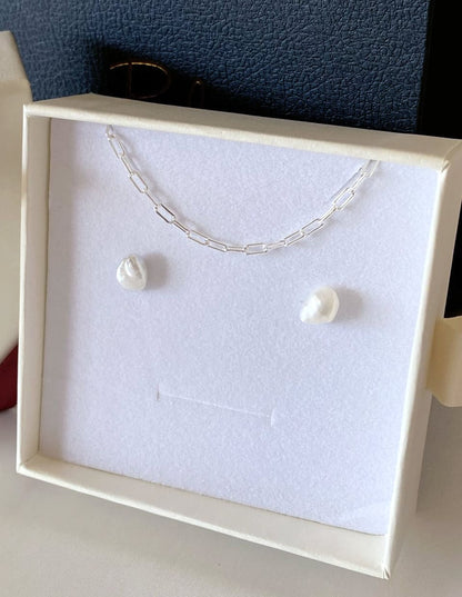 [Xmas SET] C：Holiday Gift – ちょこんとバロックパールピアス＋オーバルチェーンネックレス SV925（2SET）