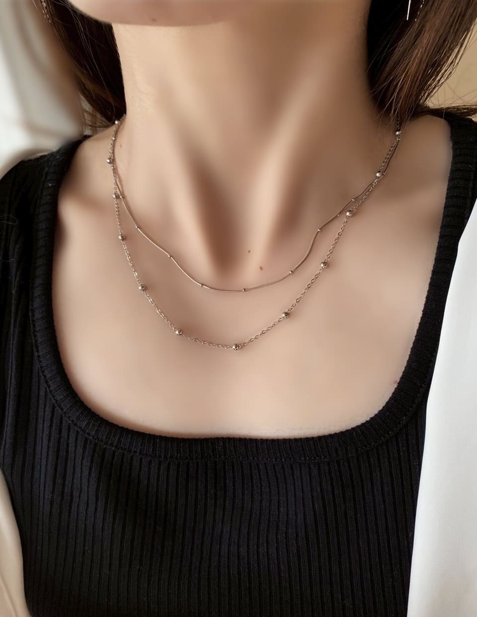 e.m. 2連ネックレス mil（ミル） ネックレス 「ステンレス」パール×ナローチェーン 2連