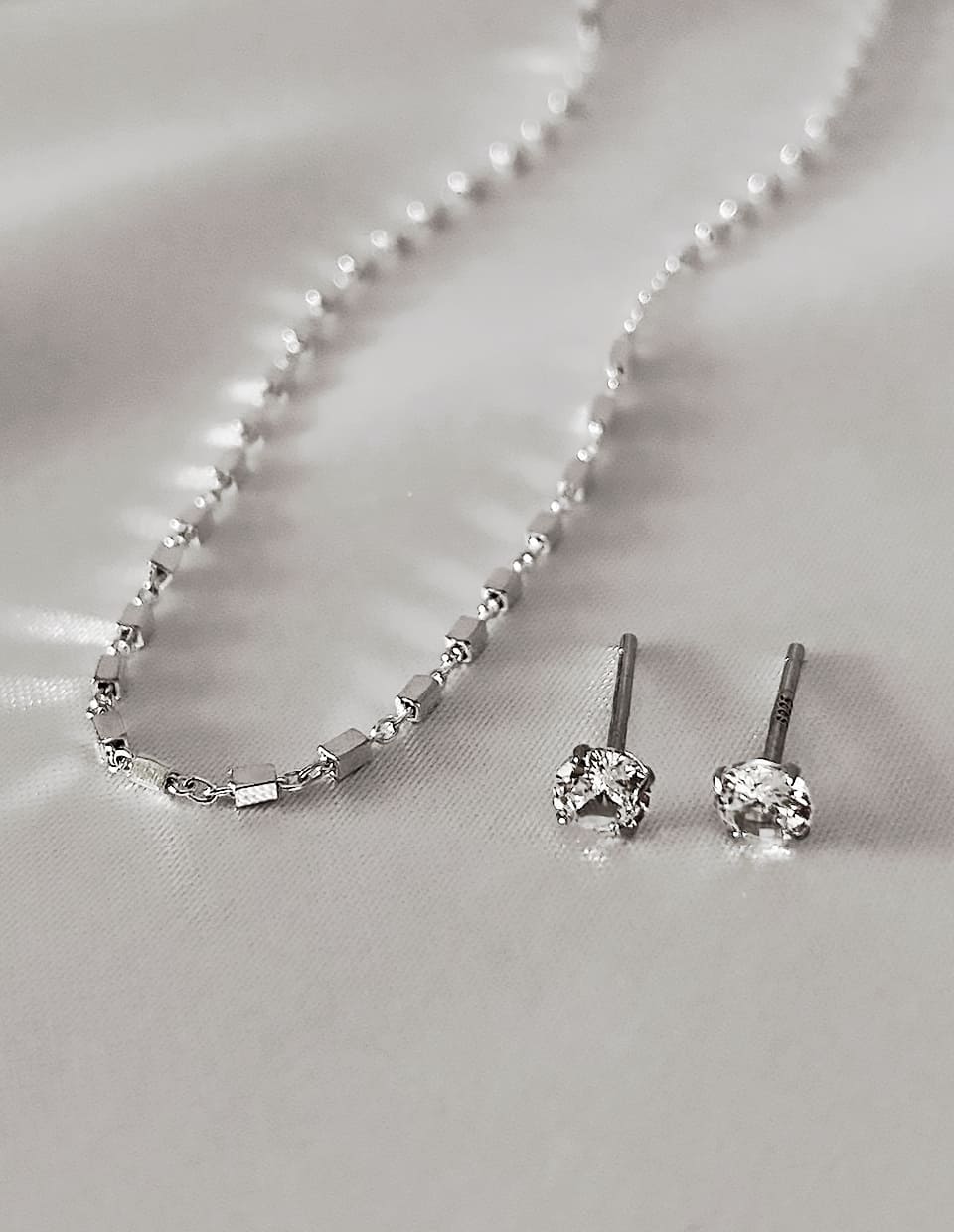[SET]CZ 4mmスタッドピアス＋キューブチェーンネックレス SV925（2SET）
