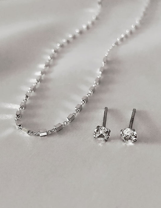 [SET]CZ 4mmスタッドピアス＋キューブチェーンネックレス SV925（2SET）