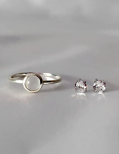 [SET]CZ 4mmスタッドピアス＋ムーンストーンリング SV925（2SET）