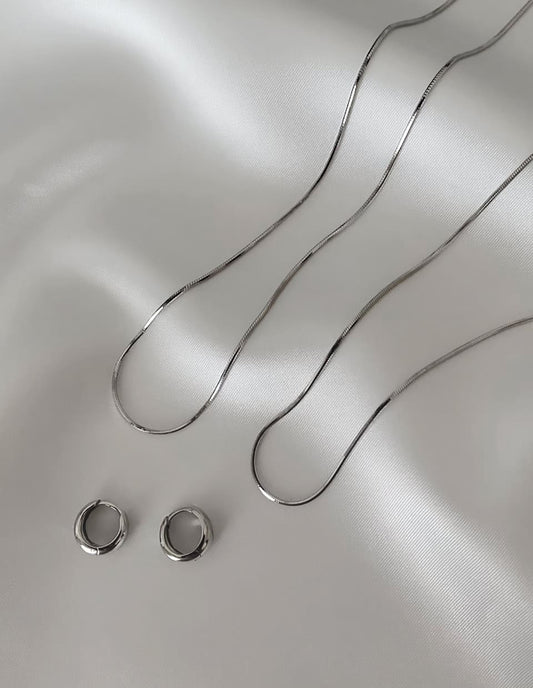 [SET]プランプピアス SV925 シルバー＋スネークチェーンネックレス 45-50cm SV925（2SET）